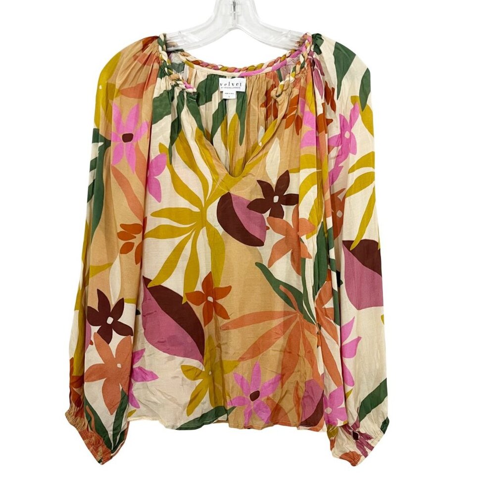 Velvet by Graham & Spencer Dion Printed Boho Top Balloon Sleeve V-Neck Size Larg